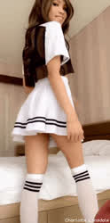 Asian Brunette Caption Clothed Knee High Socks Skirt Strip Trans gif