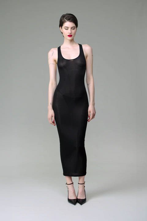 Anastasia Jovanovic in black La Femme Amazone long dress, by Maison Close