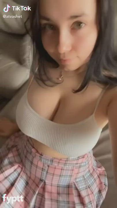 Brunette Busty Huge Tits Shaved Pussy Skirt gif