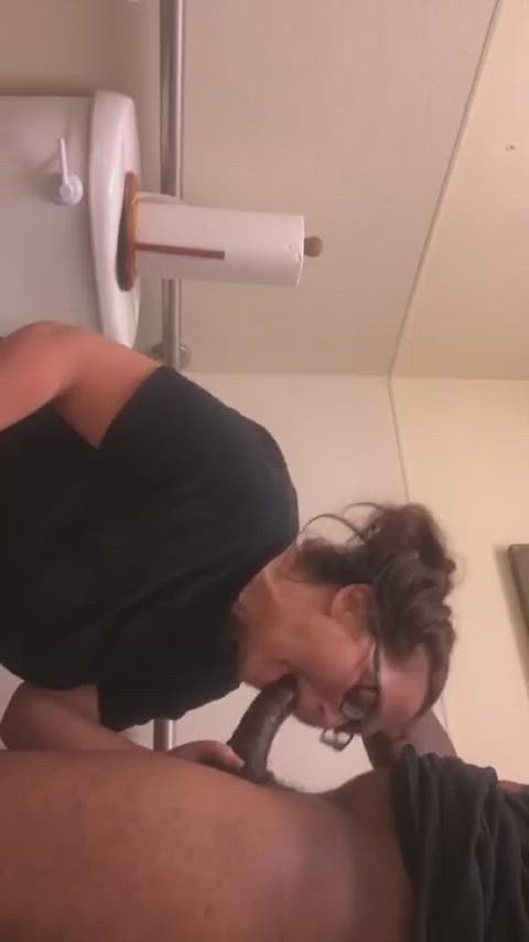 bbc bathroom blowjob cum cumshot facial huge load interracial milf public gif