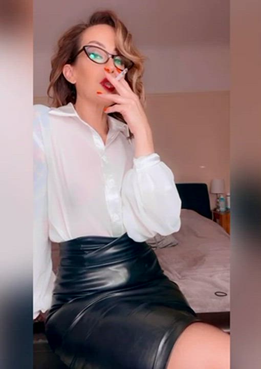 Fetish Glasses Leather MILF Role Play Secretary Skirt Smoking gif