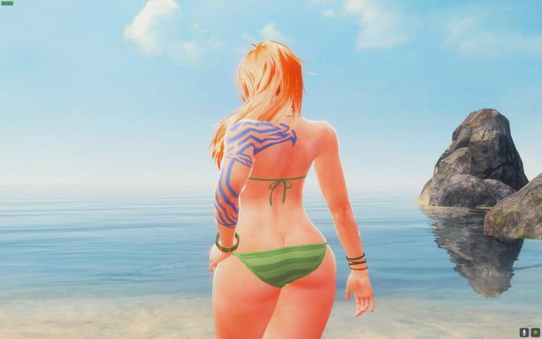 3D Beach Big Ass Bikini Dancing Long Hair Redhead Tattoo Thick gif