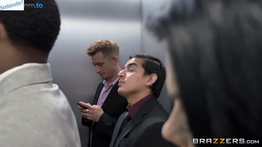 Dream sequence in office elevator with Peta Jensen and Bill Bailey