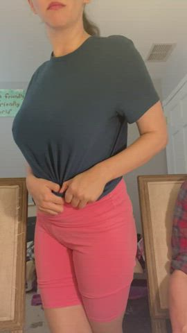 [oc] my natural tits look sexy dropping out of my man’s tee…