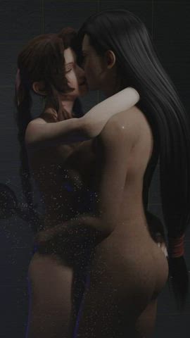 animation bathroom girlfriends kissing lesbian shower tifa lockhart wet yuri gif