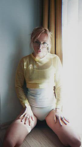 amateur blonde fishnet glasses hairy pussy homemade panties pussy rubbing gif