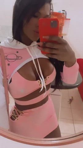 Cleavage Clothed Gabriela Correa Mirror Pink Selfie Skirt Trans gif