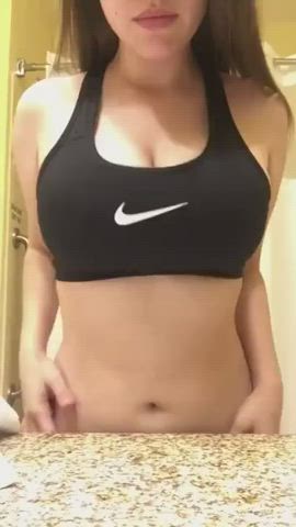 bathroom big tits bra squeezing titty drop gif