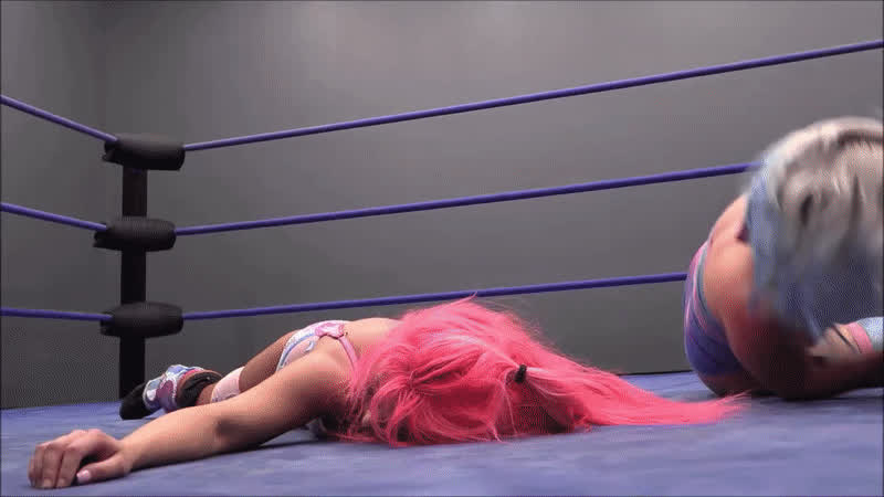 brunette mexican white girl wrestling blue hair pink hair white hair gif