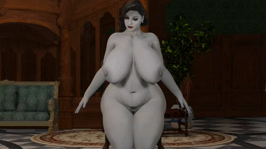 3d animation hips huge tits lady dimitrescu rule34 standing doggy gif