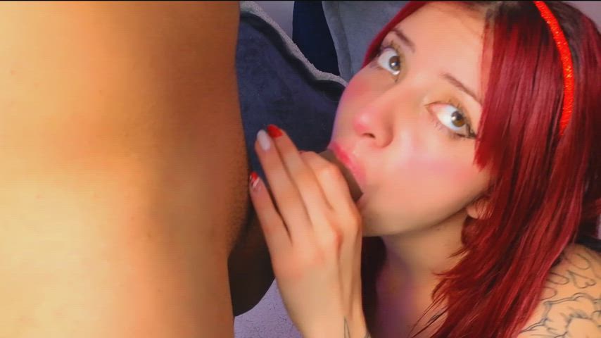 big dick blowjob close up eye contact gagged licking redhead saliva sucking teens