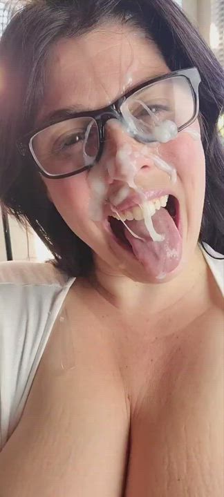 Thick cum on her glasses
