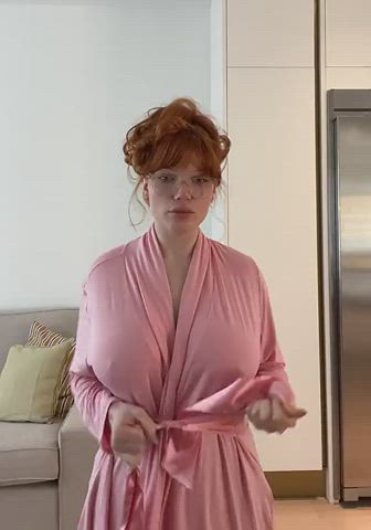 glasses hourglass huge tits natural tits nipples pale pokies redhead robe gif