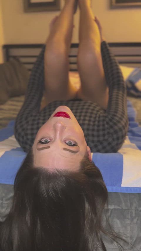 brunette legs legs up lipstick long legs milf tits gif