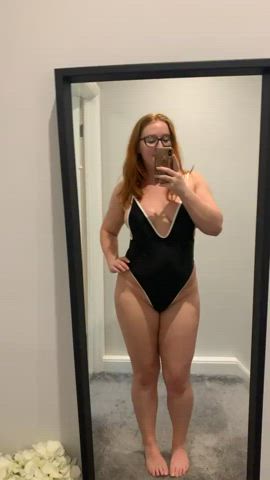 curvy cute glasses mirror redhead selfie swimsuit thick thighs gif