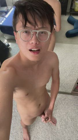 Asian nerdy twink pleasuring himself