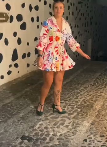 ass dress heels public thick thong upskirt gif