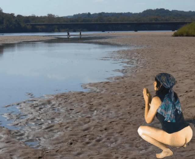 Bare bottom praying pose along the Wisconsin River