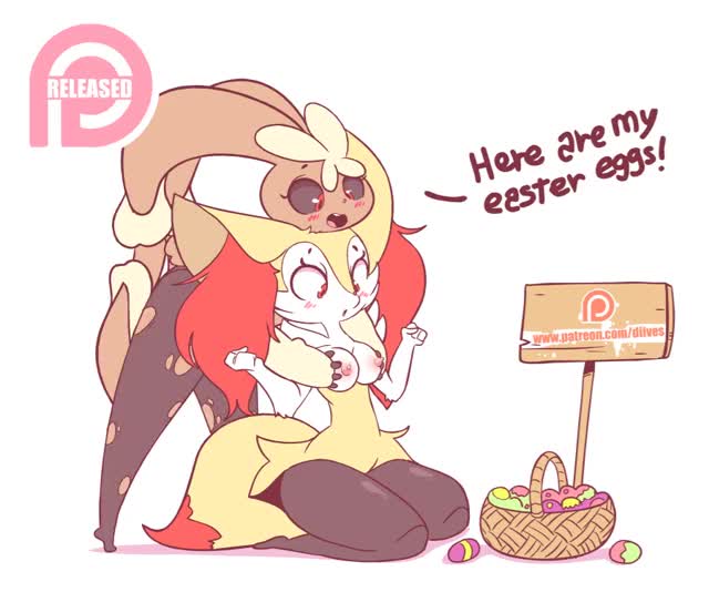 Lopunny fondles Braixen's exposed tits (Diives)