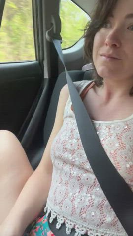 Sneakily flashing my pussy while family is in the car [gif]