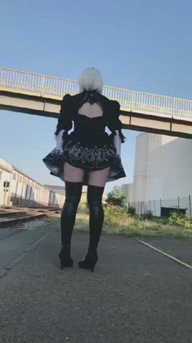 caption censored cosplay flashing high heels outdoor panties short hair upskirt gif