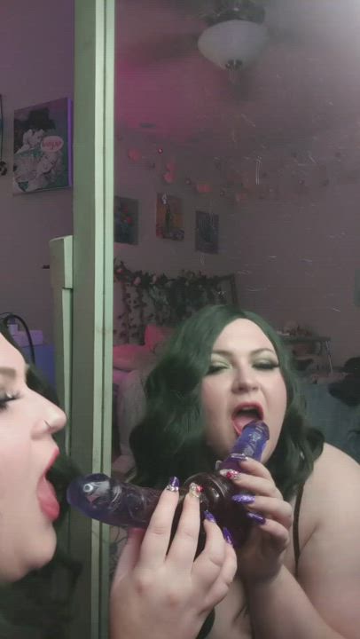 Big Tits Blowjob Dildo Mirror Sucking gif