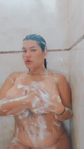 big tits bouncing tits brunette curvy latina shower soapy wet pussy boobs gif