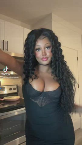 big tits boobs choker cleavage curly hair dress ebony tiktok tits gif