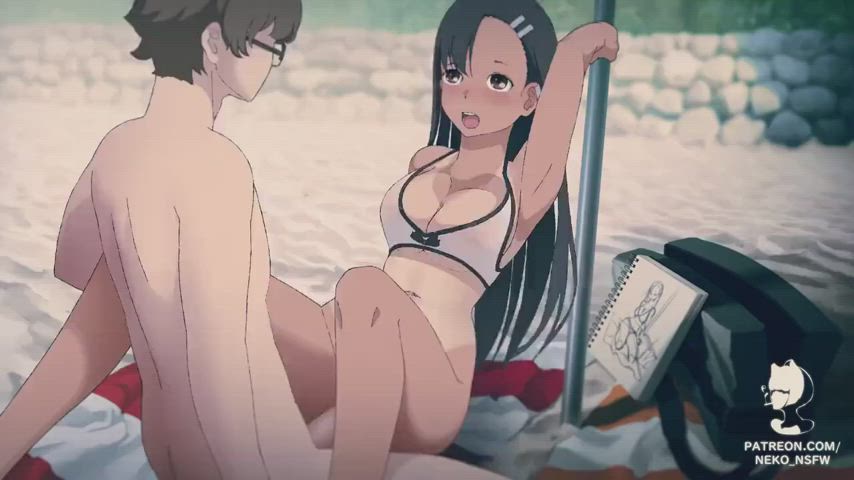 animation beach bouncing tits jiggling outdoor public sex swimsuit tanlines gif