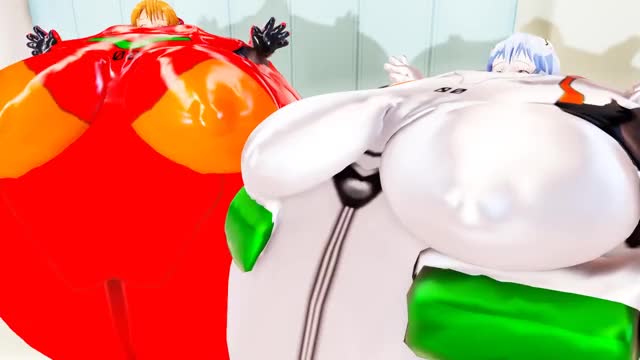 Rei Ayanami and Asuka Langley plug suit inflation to burst