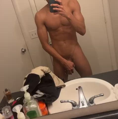 abs bbc big dick jerk off masturbating mirror skinny twink twunk gif