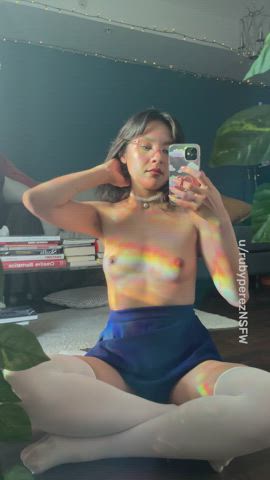 Amateur Asian Filipina Glasses Mirror Natural Tits Pussy Stockings Upskirt Porn GIF