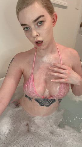 amateur babe bath bathtub bikini cute natural tits striptease tease teasing gif