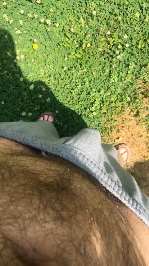 The only thing keeping keeping these sweat pants on me is my semi hard cock. No underwear