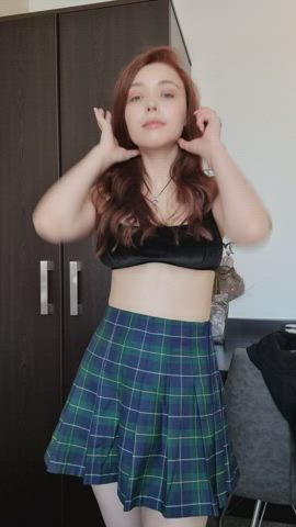 babe redhead skirt tease teasing gif