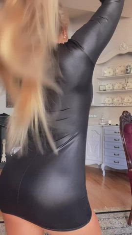 blonde catsuit dancing leather undressing gif