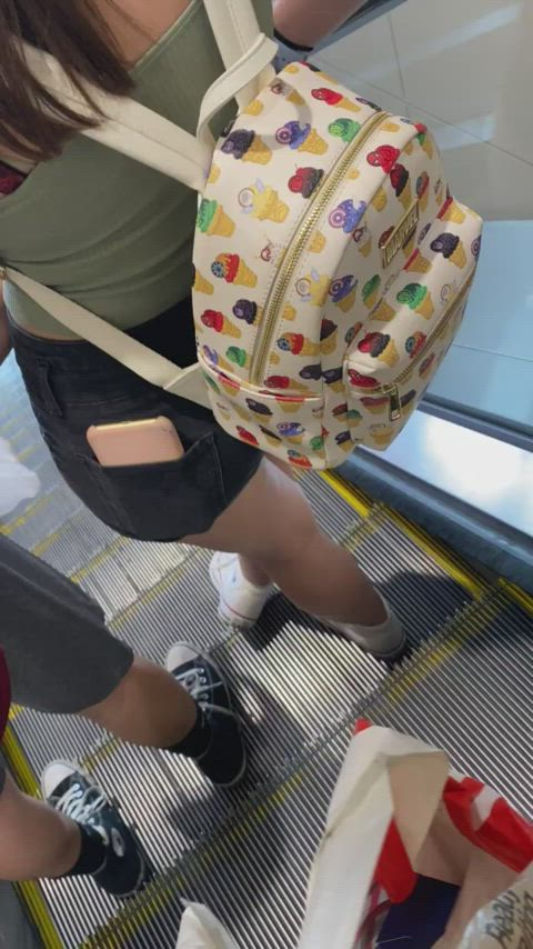 ass candid escalator gooning phone public shorts teen teens gif