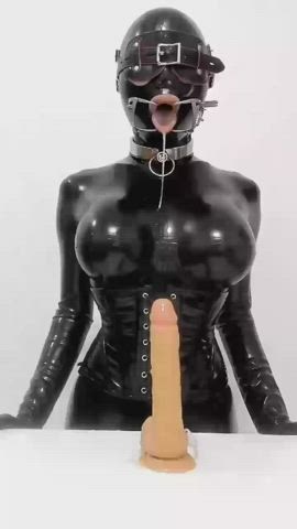 Blindfolded Deepthroat Dildo Gagging Latex Sloppy gif