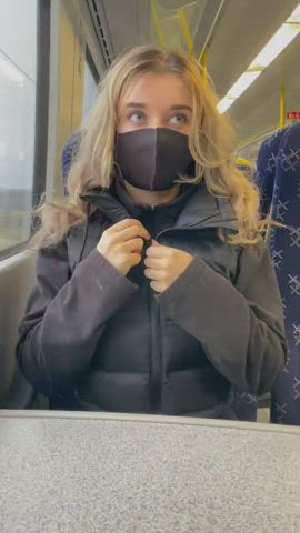 Blonde Blue Eyes Flashing Mask Public gif