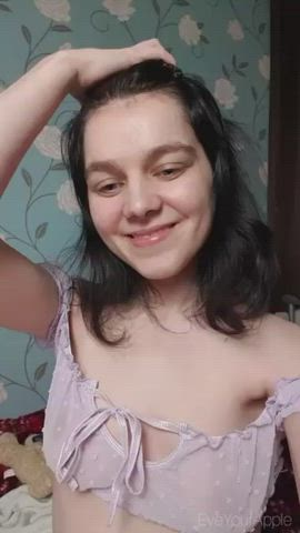 Areolas Brunette Erect Nipples Flashing Natural Tits Saggy Tits Smile Teen gif