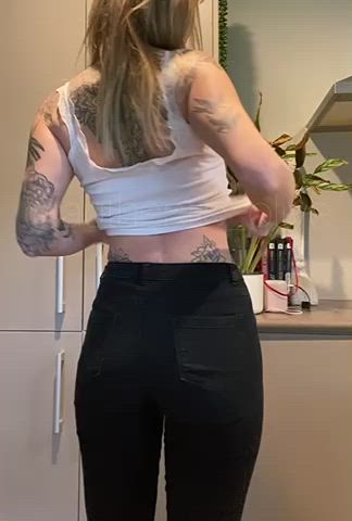 ass bending over booty jeans kitchen onlyfans tattoo tight tattedphysique gif