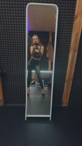 Dominatrix Domme Femdom Fetish Heels High Heels Leather Mirror Selfie gif