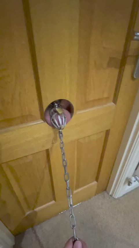 Chained my chastity slave in our gloryhole and left him there waiting for 3hrs with