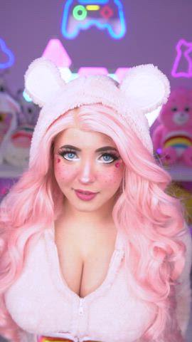 Blue Eyes Cleavage Cosplay Costume Cute Gamer Girl Innocent Kawaii Girl Pink gif