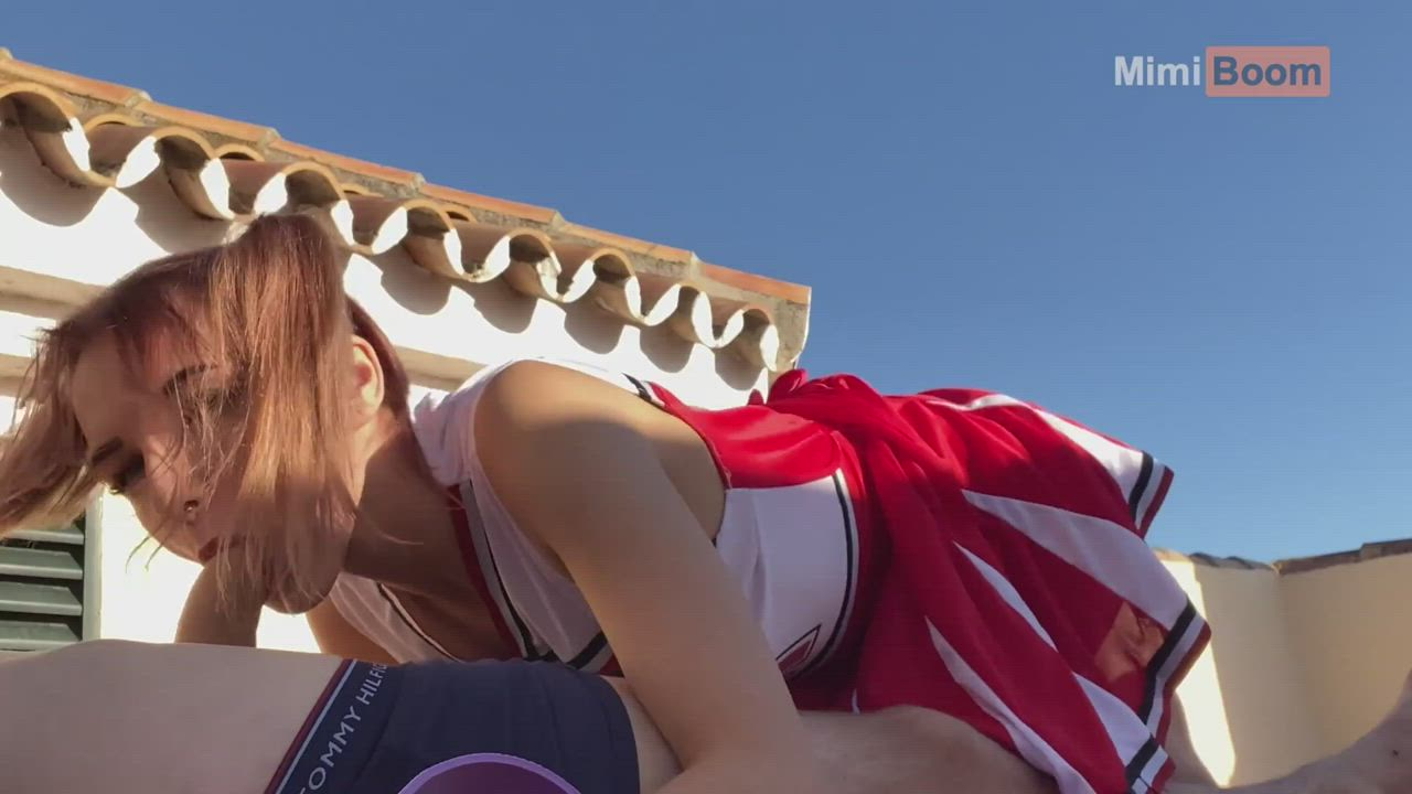 Cheerleader practicing her blowjob technique (Mimi Boom)