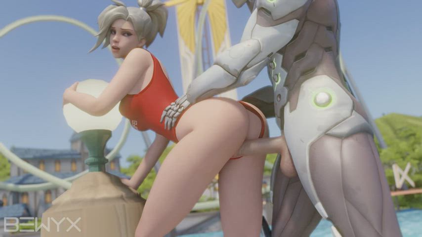 Animation Overwatch Standing Doggy Swimming Pool Swimsuit gif