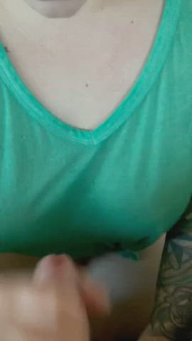 amateur brunette cum on tits cumshot handjob homemade nofacegirl pov gif