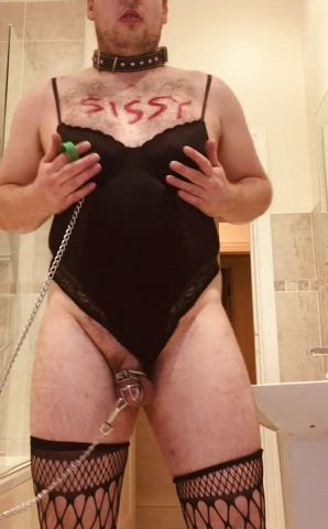 cbt chastity leash lingerie sissy slave gif