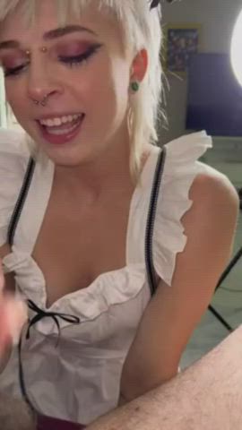 blonde blowjob convention cosplay emo eye contact hotel maid sloppy gif
