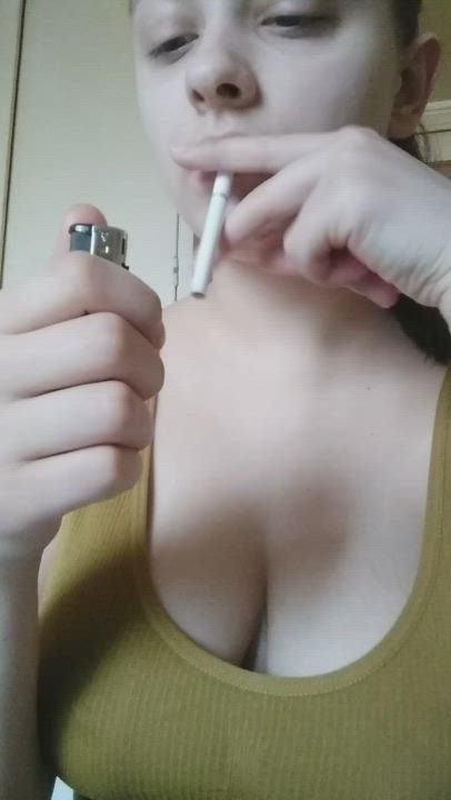 Big Tits Clothed Smoking gif